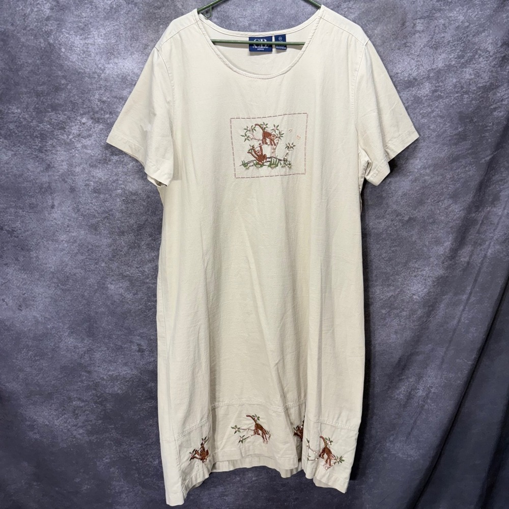 Vintage CB Casual Monkey Embroidered Midi Shift Dress Plus Size 2X Safari Beaded